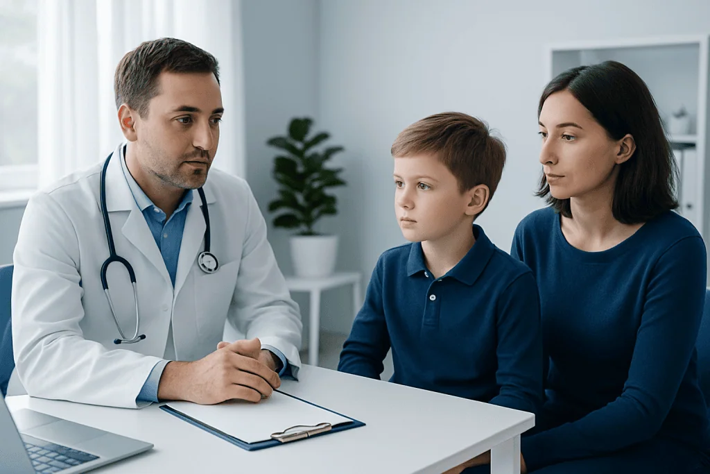 Doctor consulting with a young boy and his mother in a medical office.