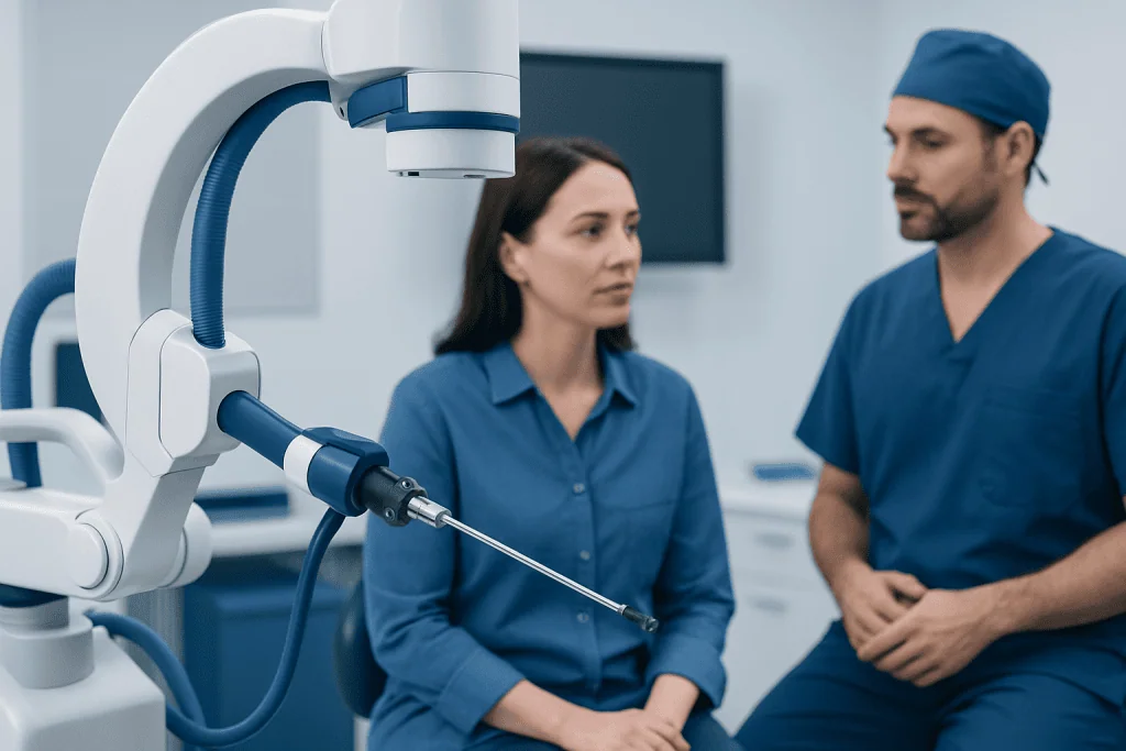 Medical professionals preparing for fibroid surgery with advanced equipment.