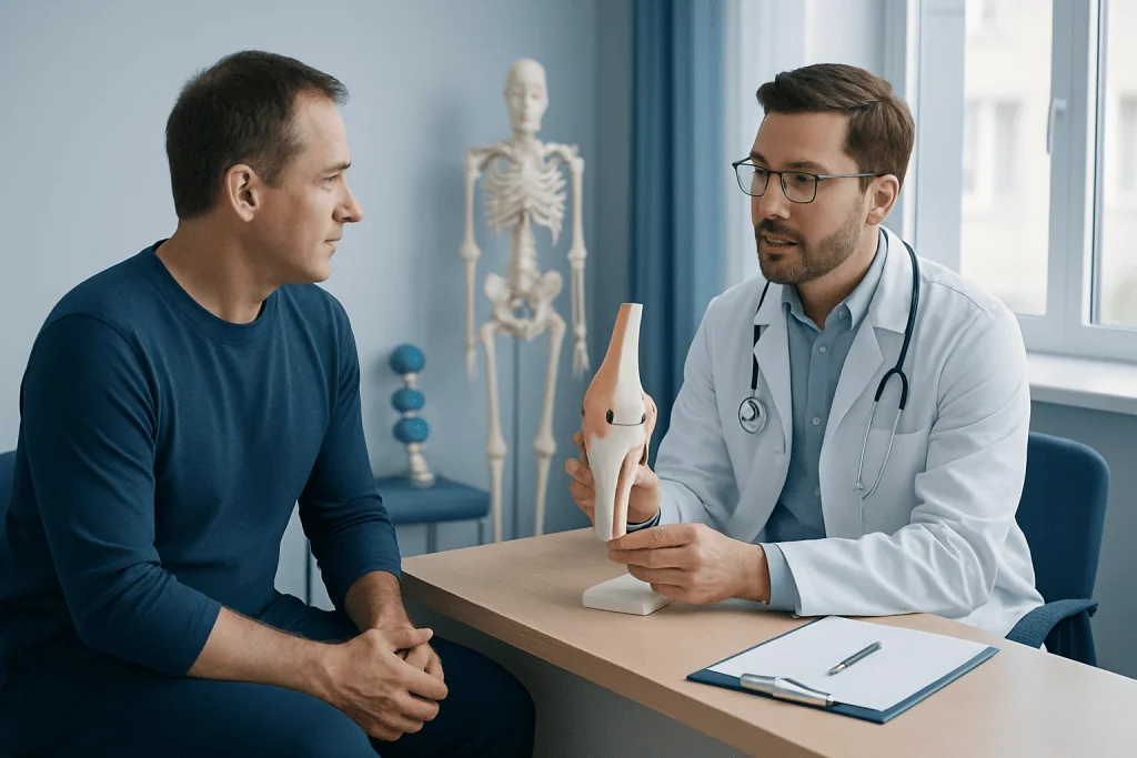 Orthopedic consultation discussing knee joint and meniscus treatment options.