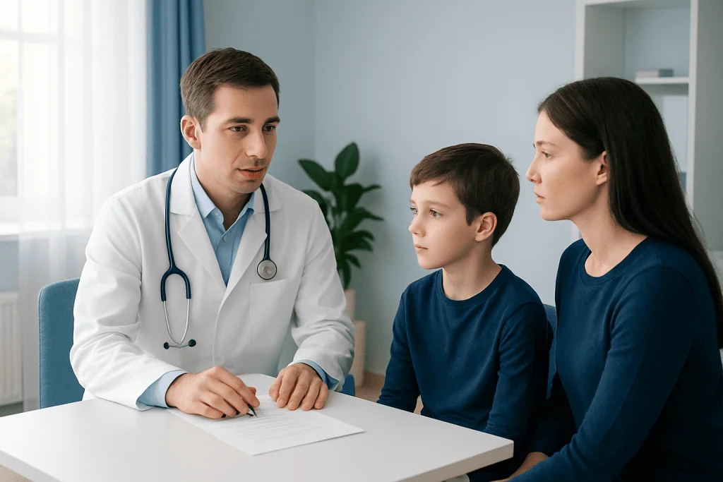 Pediatric neurologist consulting with a boy and his mother in a medical office.