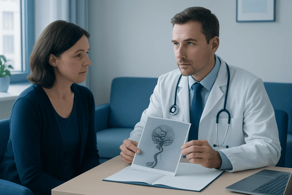 Doctor explaining brain aneurysm scan to patient in consultation room.