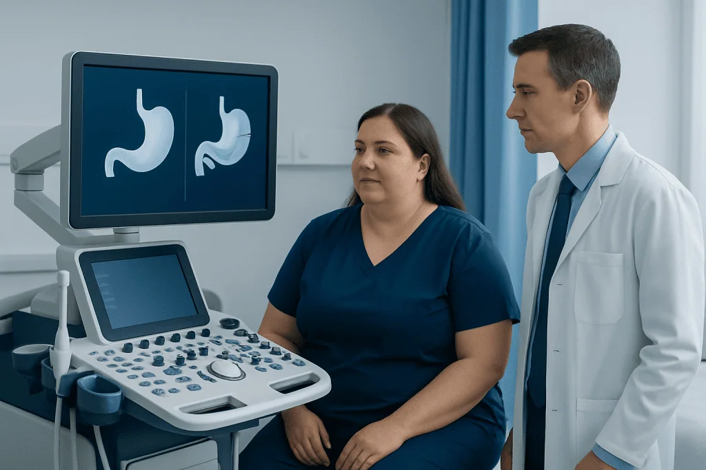 Doctor and patient reviewing stomach ultrasound images in a medical setting.