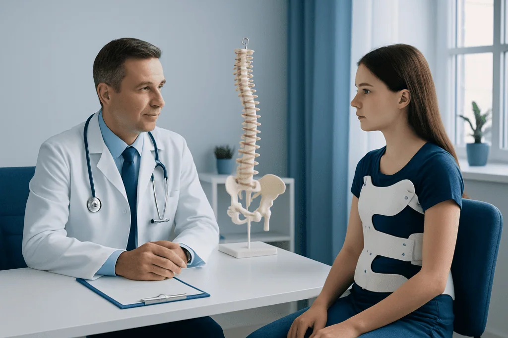 Doctor consulting with a young patient about scoliosis treatment.