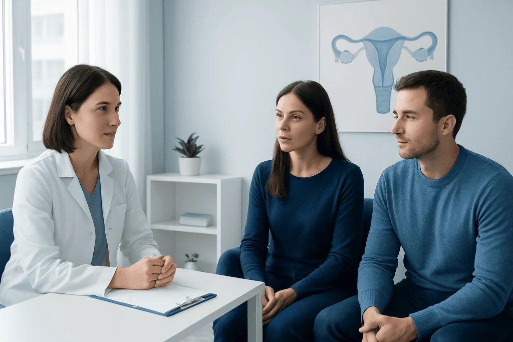 Fertility specialist consulting a couple about IVF treatment options.