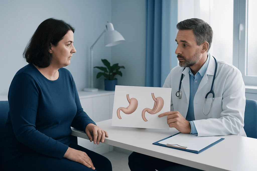 Doctor explaining stomach surgery options to patient with stomach diagrams.