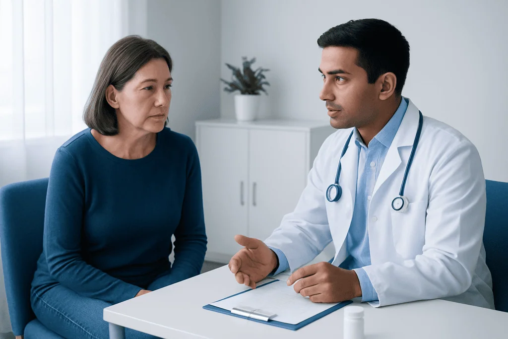 Doctor consulting with a middle-aged female patient in a medical office.
