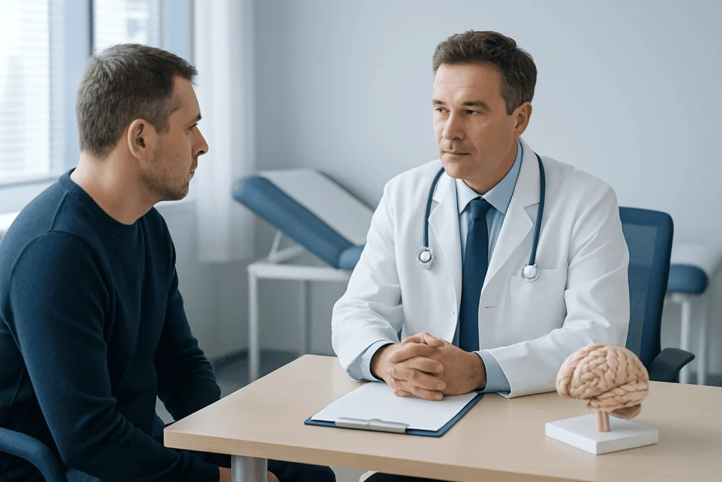 Doctor consulting with patient about brain surgery options in a medical office.
