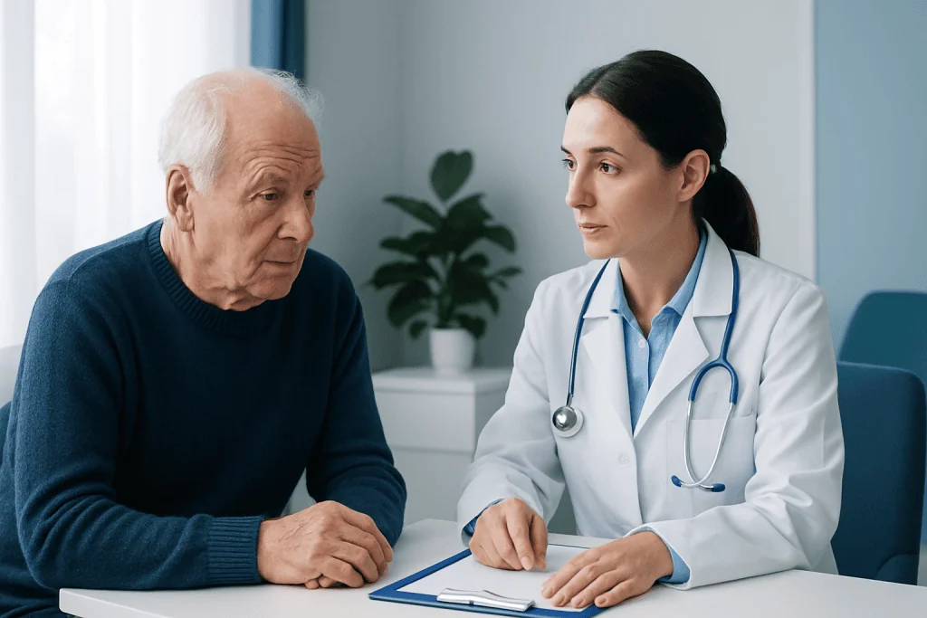 Doctor consulting with elderly patient about Alzheimer's care options.