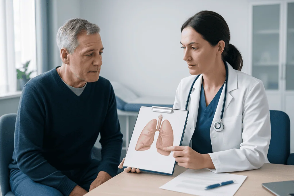 Doctor explaining lung surgery details to a patient with lung diagram.