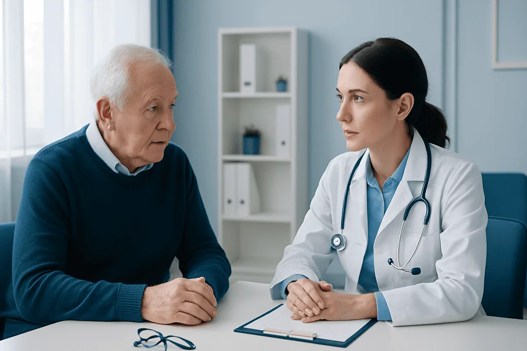 Doctor consulting with an elderly patient about Alzheimer's diagnosis and treatment.