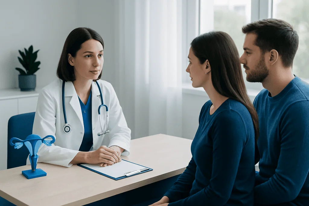 Fertility consultation at Acibadem Hospital with doctor and couple discussing options.
