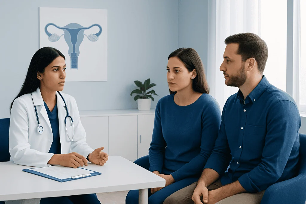 Doctor consulting with a couple about fertility treatment options.