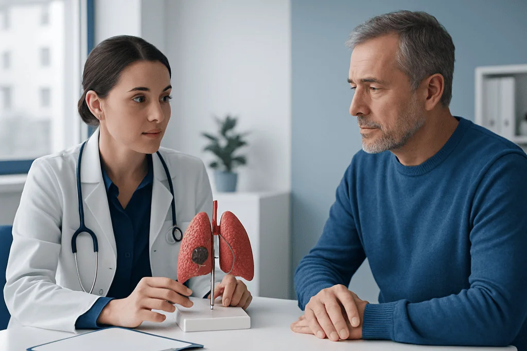 Doctor explaining lung health to patient with lung model in clinic.