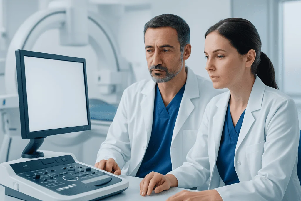 Doctors reviewing medical images on a computer in a hospital setting.