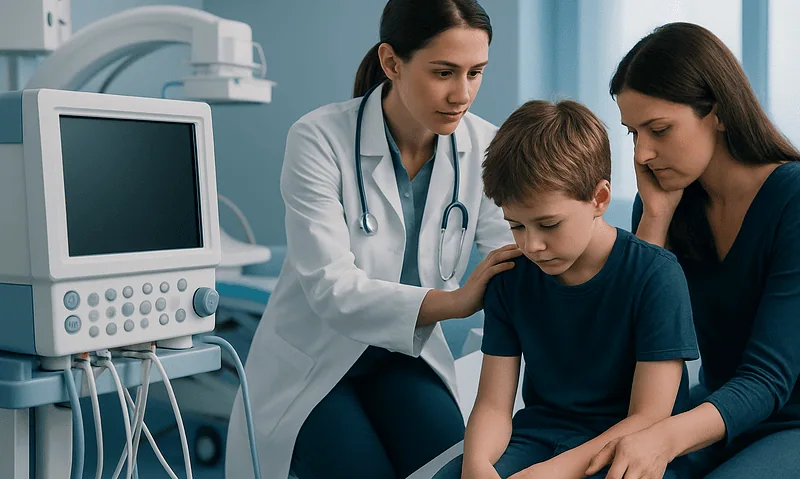 Pediatric consultation at a hospital with a doctor, mother, and young boy.