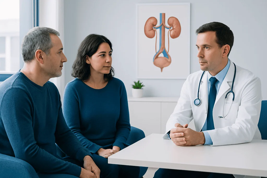 Doctor discussing kidney transplant with patients in a medical consultation.