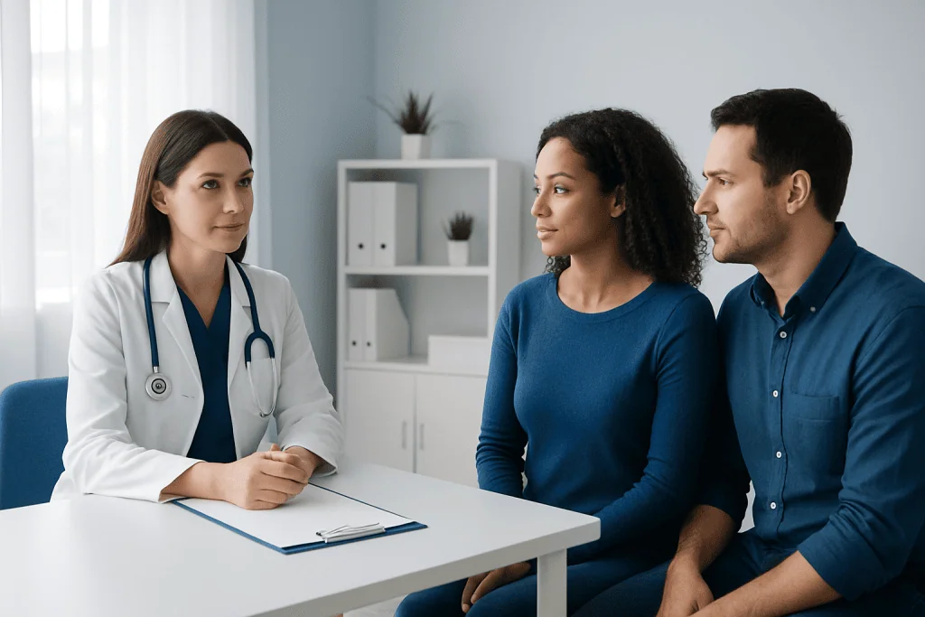 Doctor consulting with a diverse couple in a medical office setting.