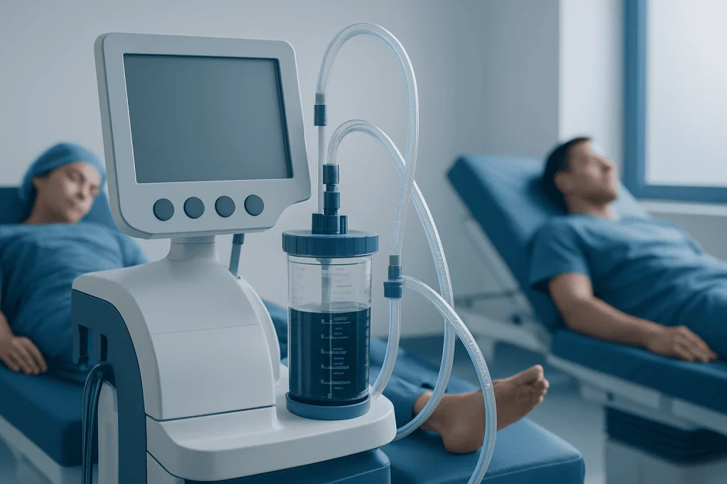 Medical equipment in a hospital room with patients resting on beds.