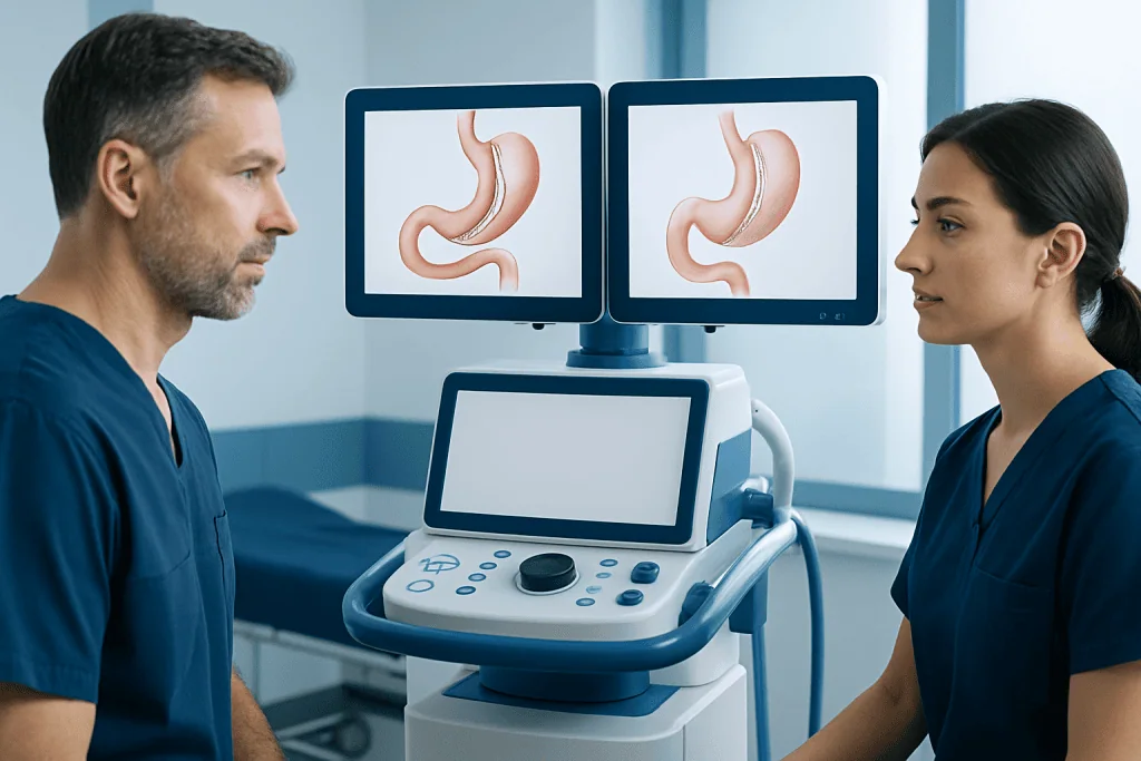 Medical professionals discussing gastric surgery options with stomach diagrams on screens.