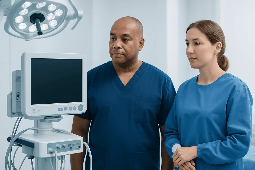 Medical team reviewing patient data in a hospital operating room.