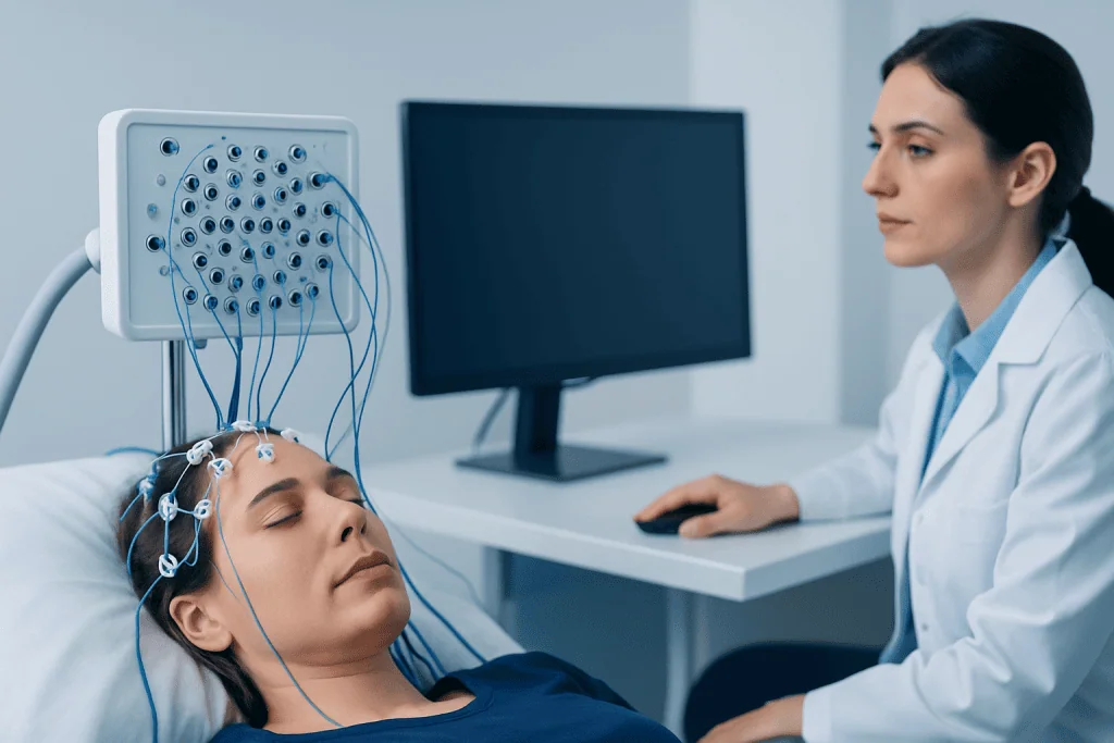 Patient undergoing EEG monitoring at Acibadem Hospital for epilepsy diagnosis.