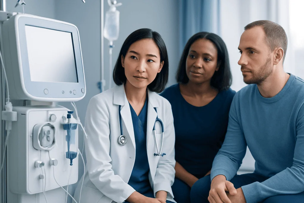 Doctor discussing kidney health with patients in a hospital setting.