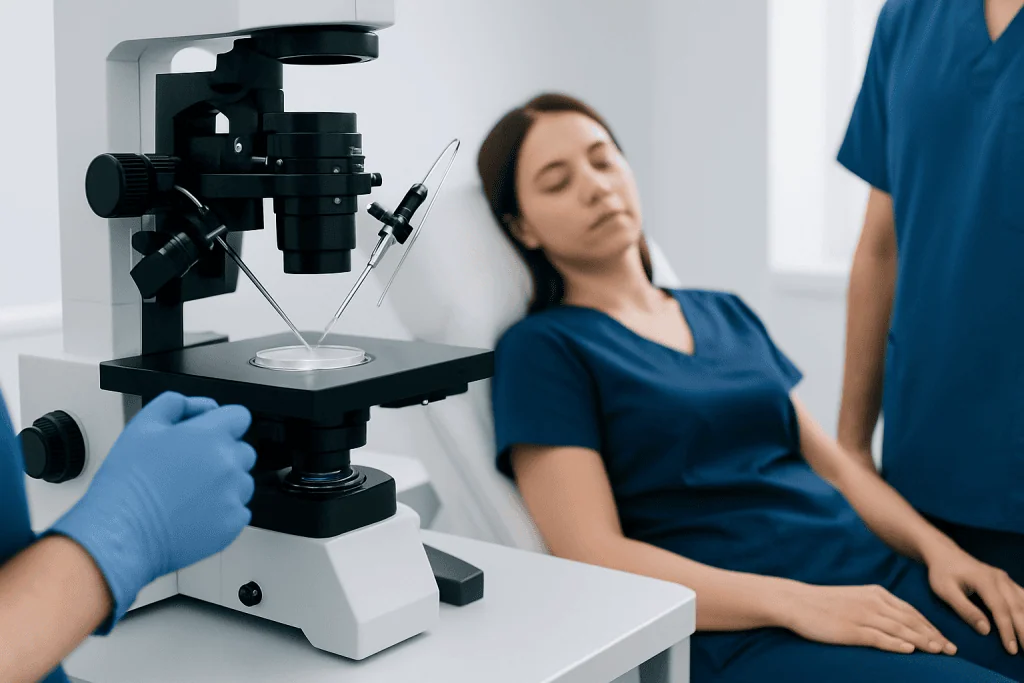 Fertility specialist prepares microscope for egg or embryo analysis at Acibadem Hospital.