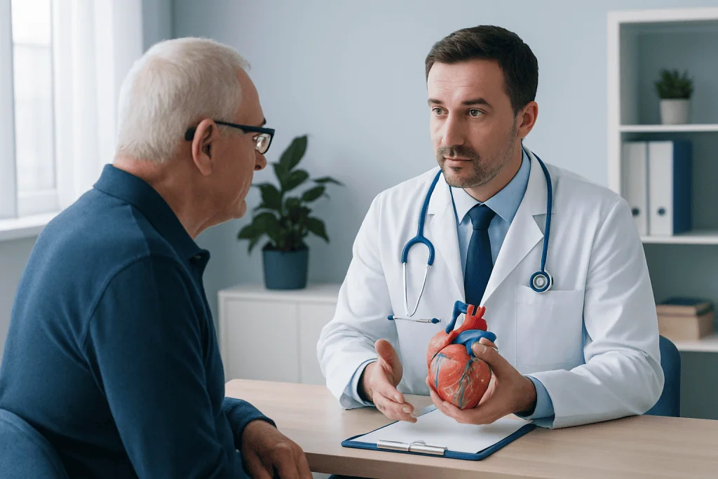 Cardiologist explaining heart model to patient in clinic setting.