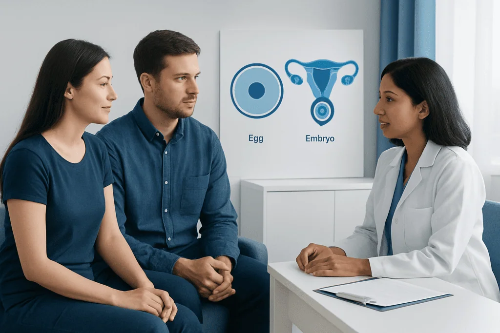 Fertility consultation with doctor explaining egg and embryo freezing options.