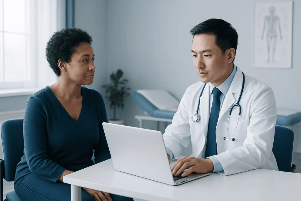Doctor consulting with a patient using a laptop in a medical office.