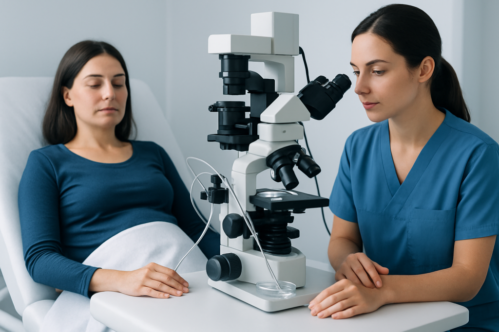 Fertility specialist examines patient with microscope for IVF treatment.
