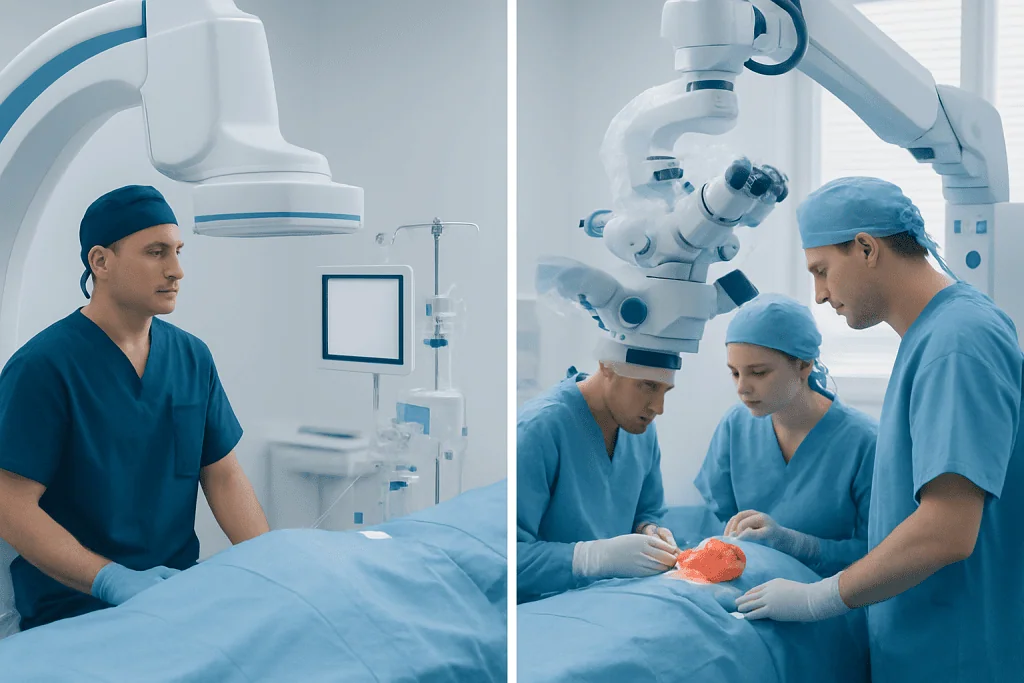 Medical team performing endovascular neurosurgery in a modern hospital.
