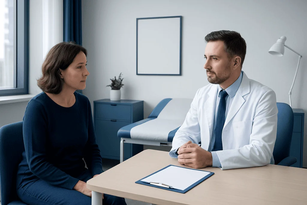 Doctor consulting with a patient in a modern hospital room.