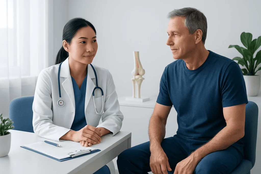 Doctor consulting with middle-aged male patient about joint health and mobility.