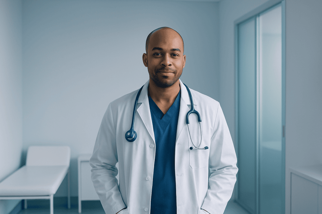 How Experts Approach Breast Lift at Advanced Hospitals with Multidisciplinary Teams 1 Male doctor in hospital with stethoscope in a clinical setting.
