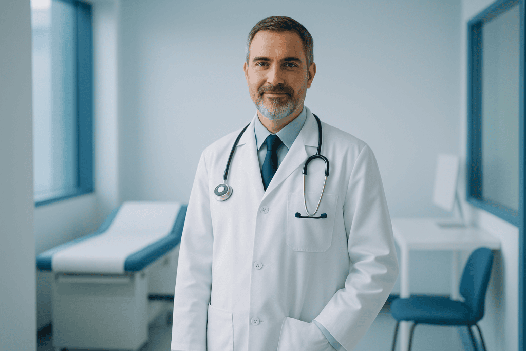 How Experts Approach Paralysis Rehabilitation at Advanced Hospitals Using Evidence Based Medicine 1 Doctor in white coat with stethoscope in hospital corridor.