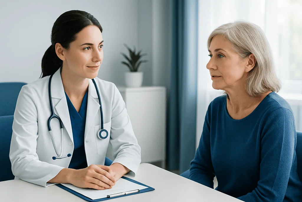 Doctor consulting with an elderly female patient in a medical office.