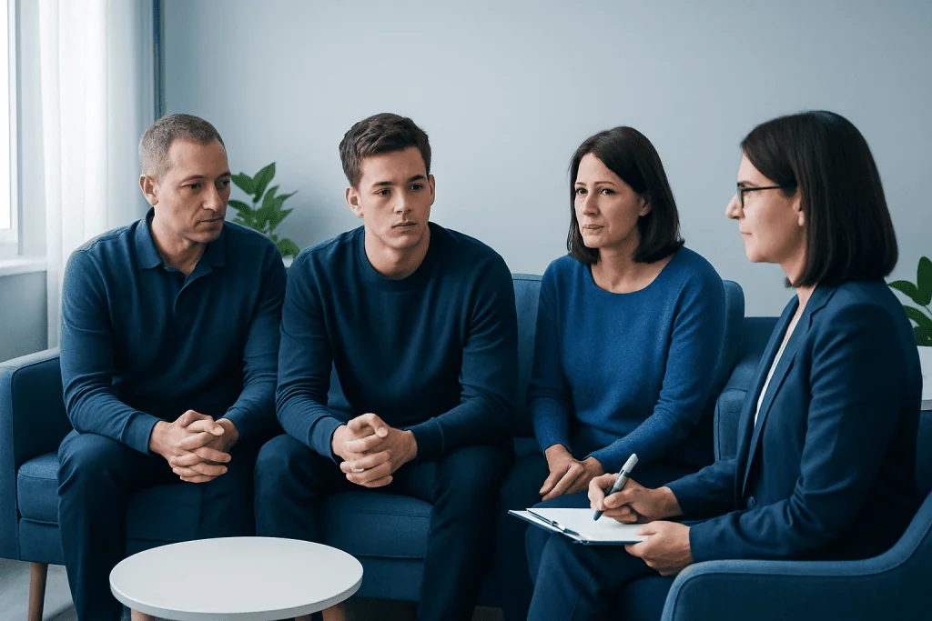 Family therapy session for addiction recovery with four people in a counseling room.