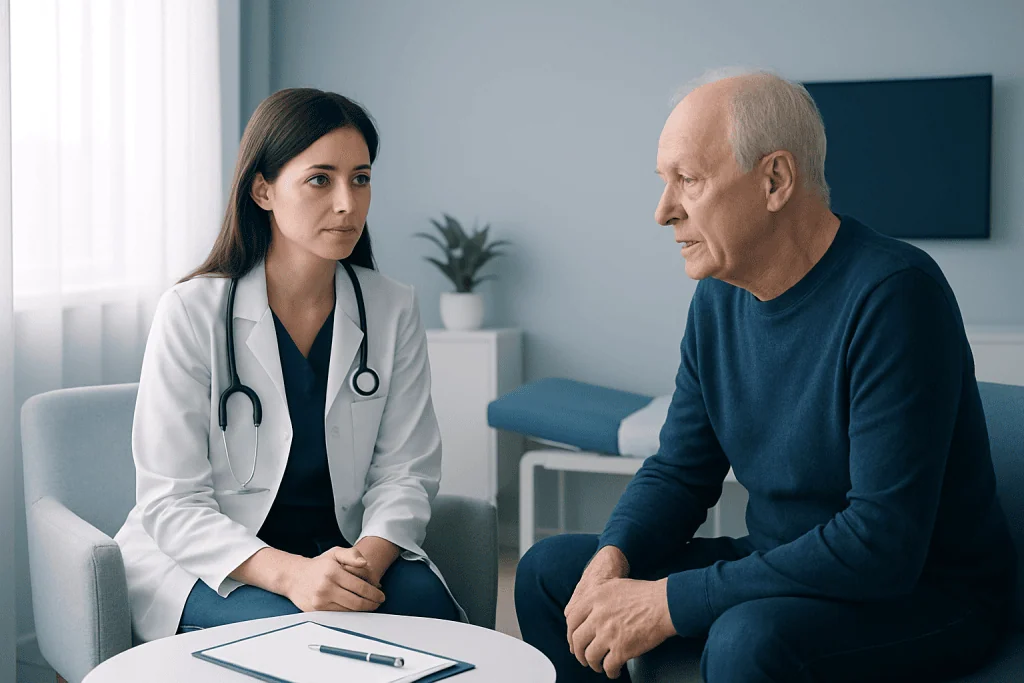 Doctor consulting with elderly patient in a medical office.