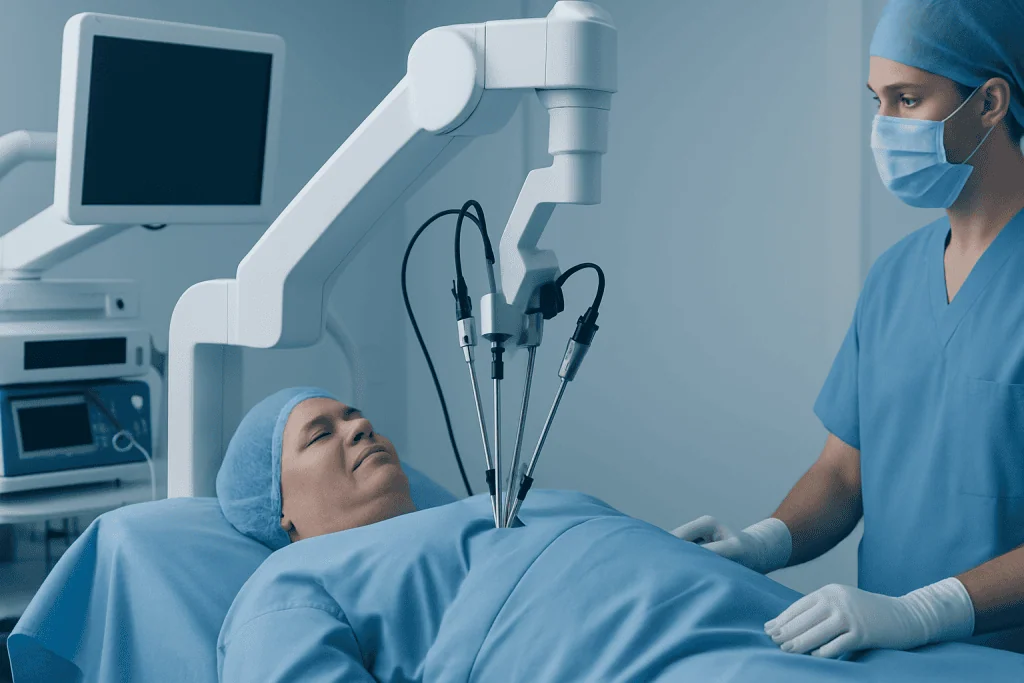 Surgeon performing laparoscopic bariatric surgery on patient with advanced medical equipment.