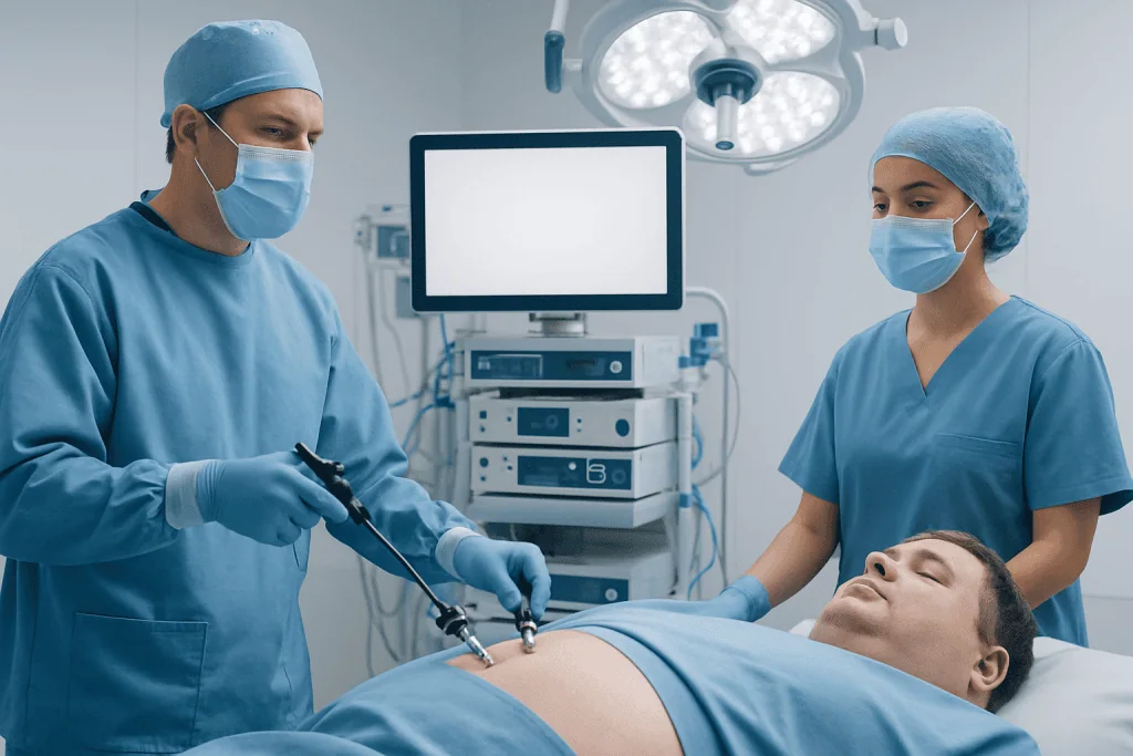Surgeons performing bariatric surgery in a modern hospital operating room.