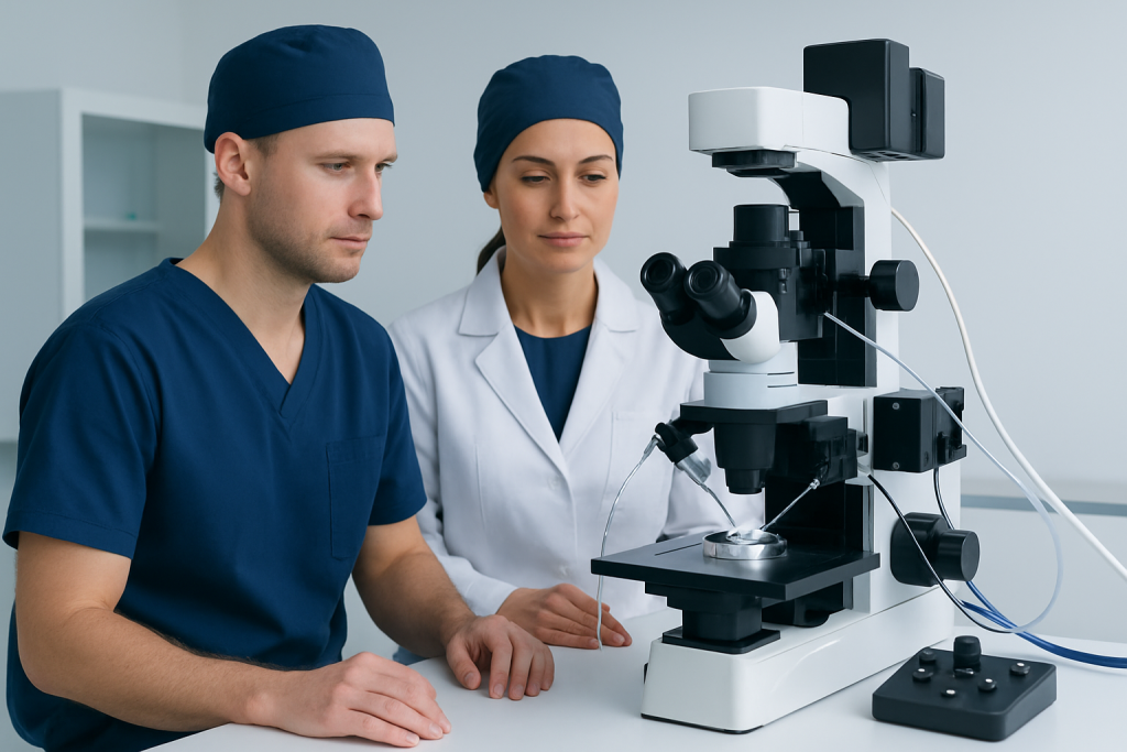 Fertility specialists examining samples with a microscope in a clinical setting.