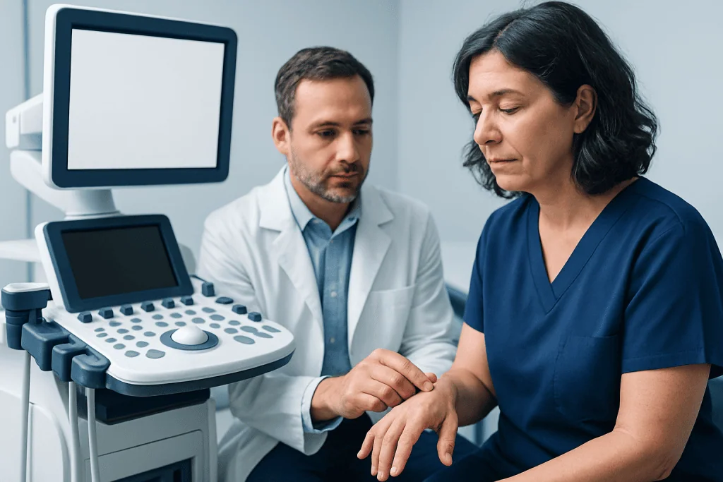 Doctor examining a patient's hand with ultrasound equipment in a clinic.