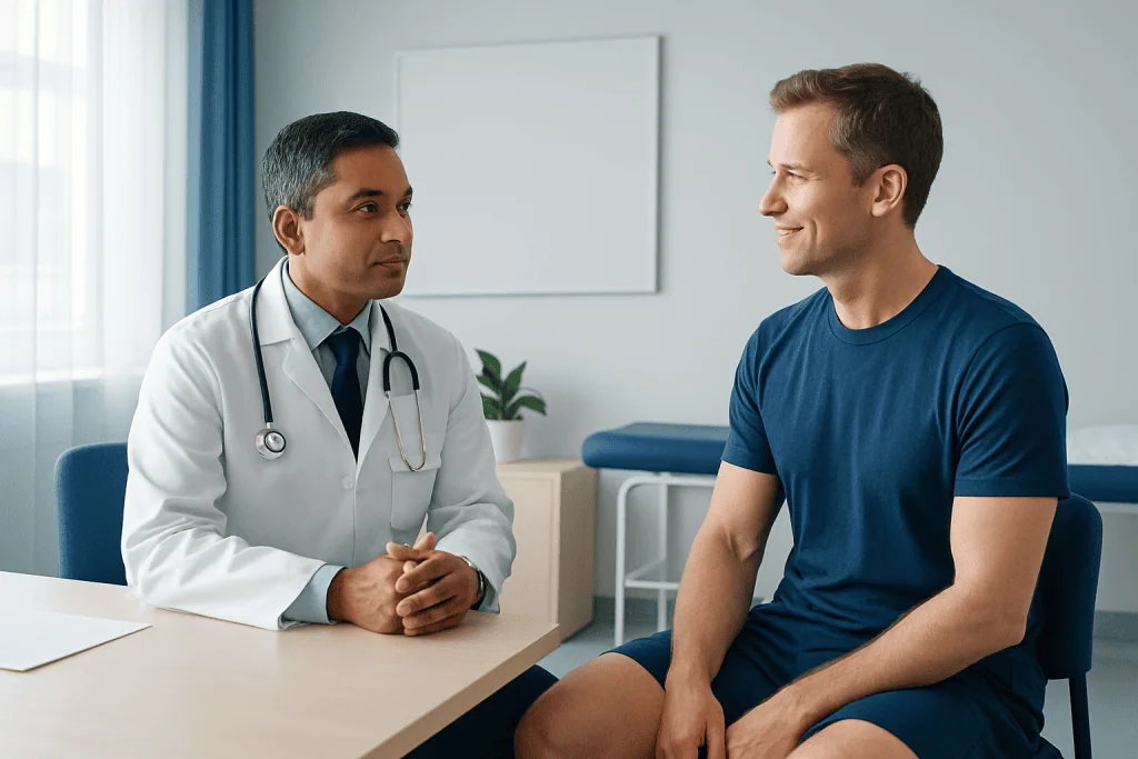 Doctor consulting with a young male patient in a medical office.