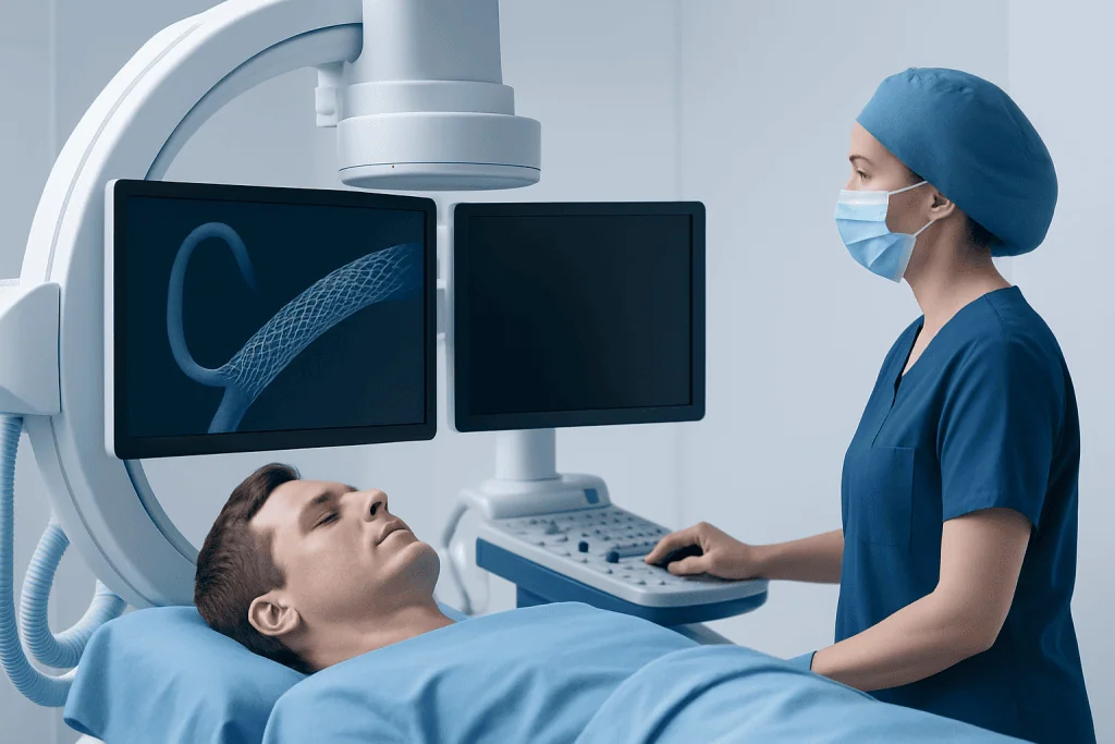 Medical professional examining brain aneurysm scan on monitors.