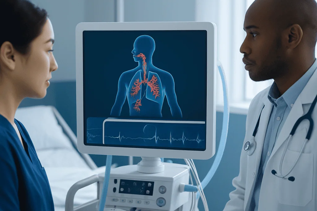 Medical professionals analyzing lung health on a computer screen.