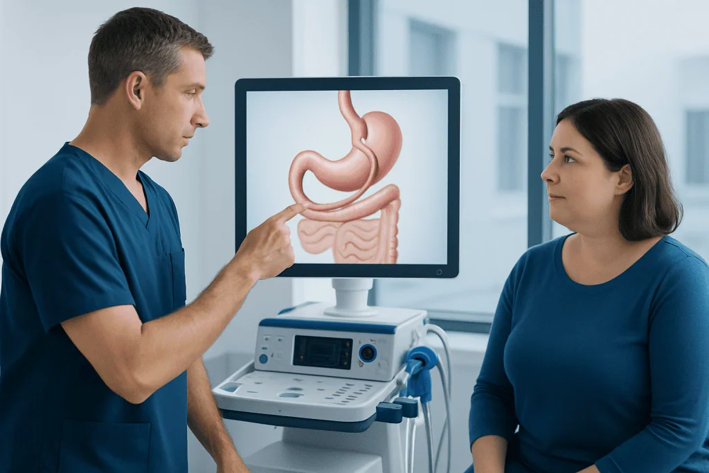 Doctor explains gastric bypass procedure to patient with stomach diagram on screen.