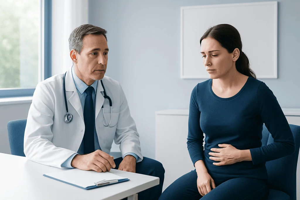 Doctor consulting with a patient experiencing stomach pain in a clinic.