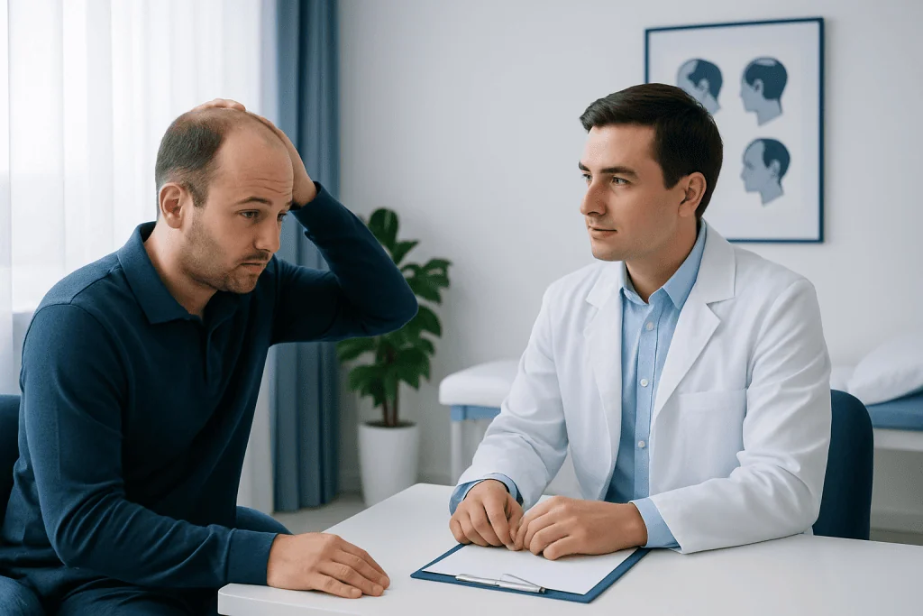 Consultation about hair loss with a doctor and patient in a clinic setting.