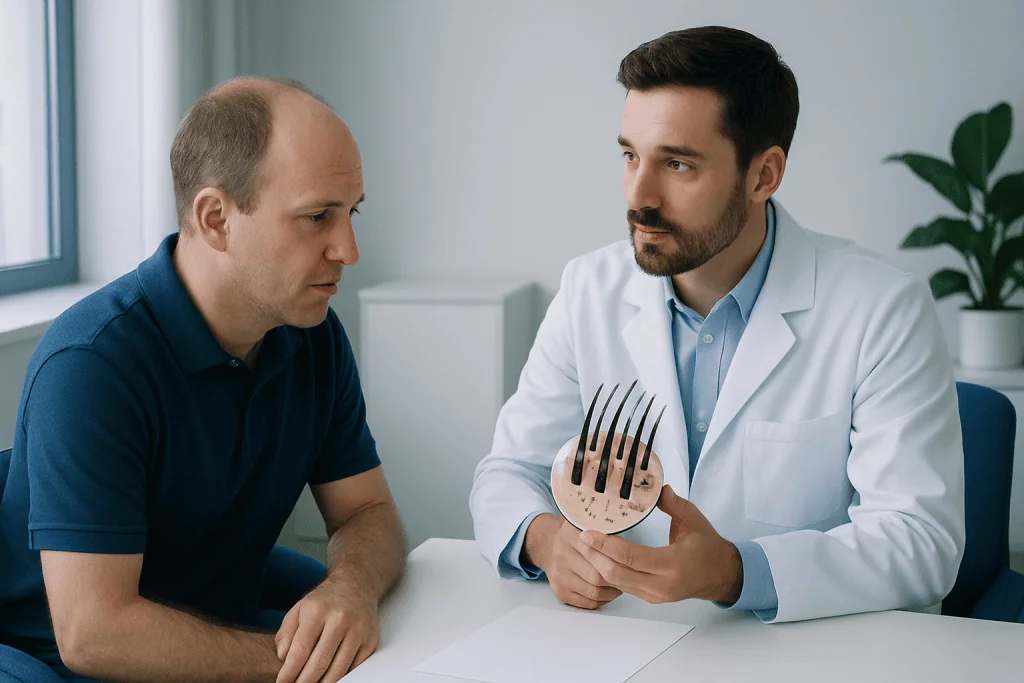Doctor explaining hair transplant options to a patient in a clinic.